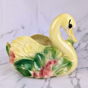50s Ungemach Pottery Roseville OH Pink Green Swan Ceramic Planter 8"x11" Vintage